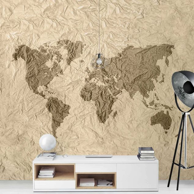 Papel de parede mapa mundi Paper World Map Beige Brown