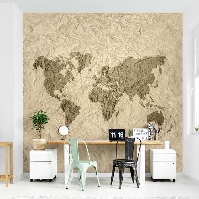 Papel de parede bege Paper World Map Beige Brown