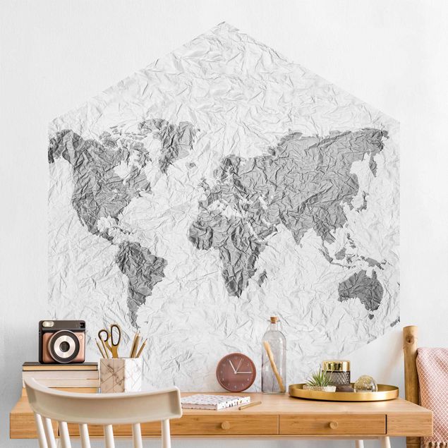 papel de parede moderno Paper World Map White Gray