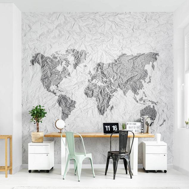 Papel de parede preto e branco Paper World Map White Grey