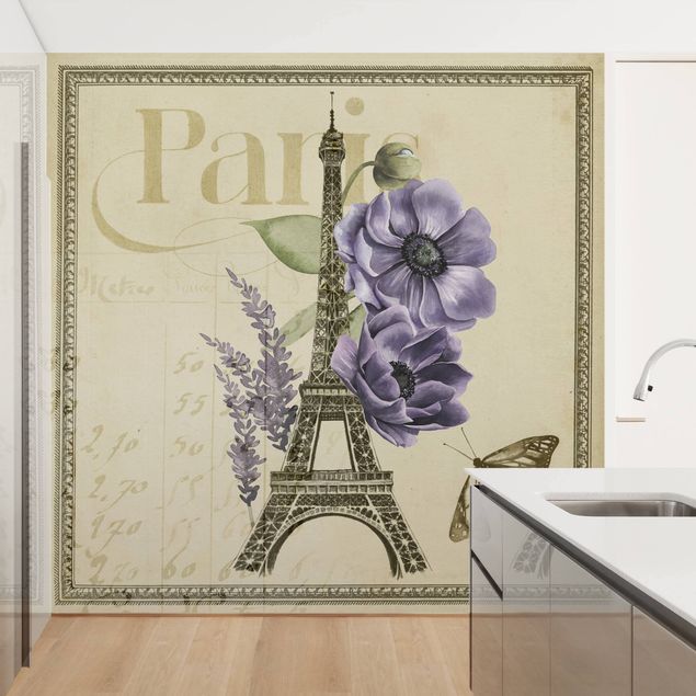 Papel de parede com flores Paris Collage Eiffel Tower