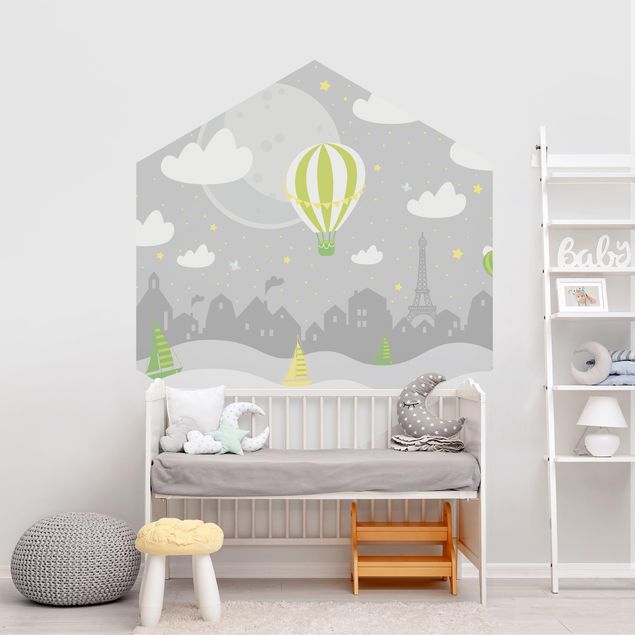 papel de parede moderno Paris With Stars And Hot Air Balloon In Grey