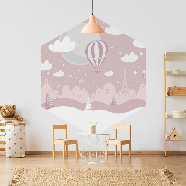 papel de parede moderno Paris With Stars And Hot Air Balloon In Pink