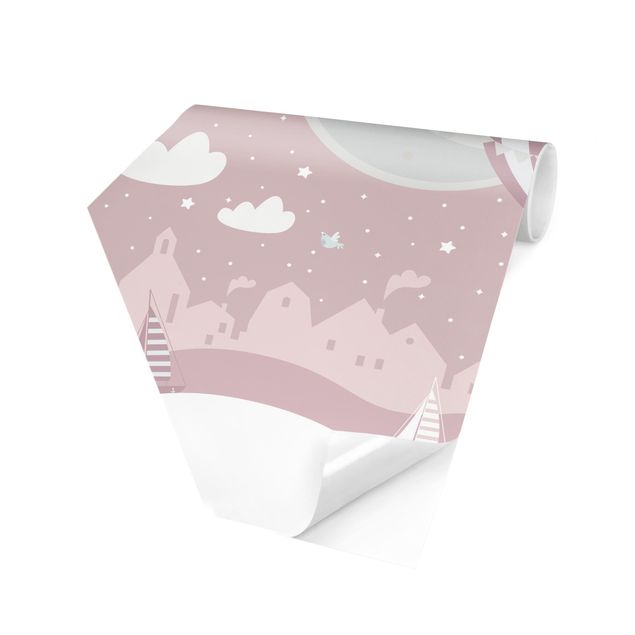 Papel de parede hexagonal Paris With Stars And Hot Air Balloon In Pink