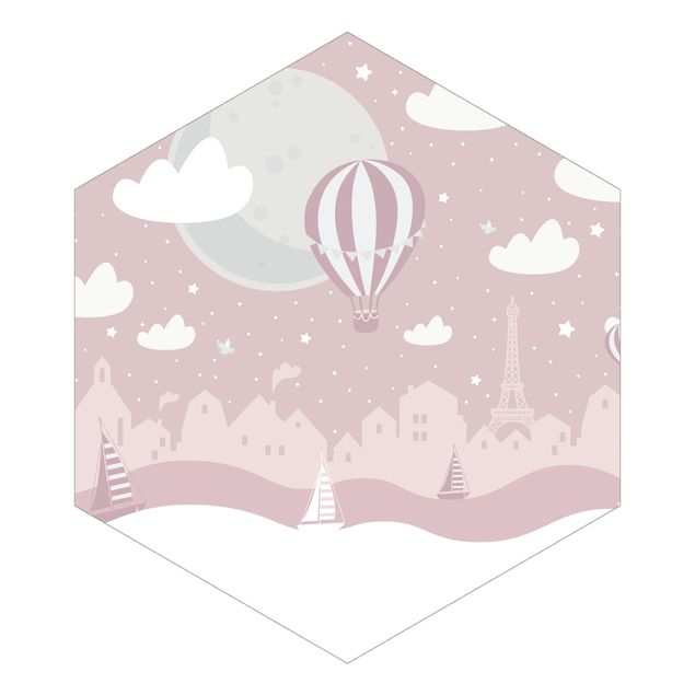 Papel de parede rosa Paris With Stars And Hot Air Balloon In Pink