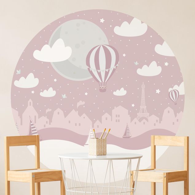 Papel de parede Paris Paris With Stars And Hot Air Balloon In Pink