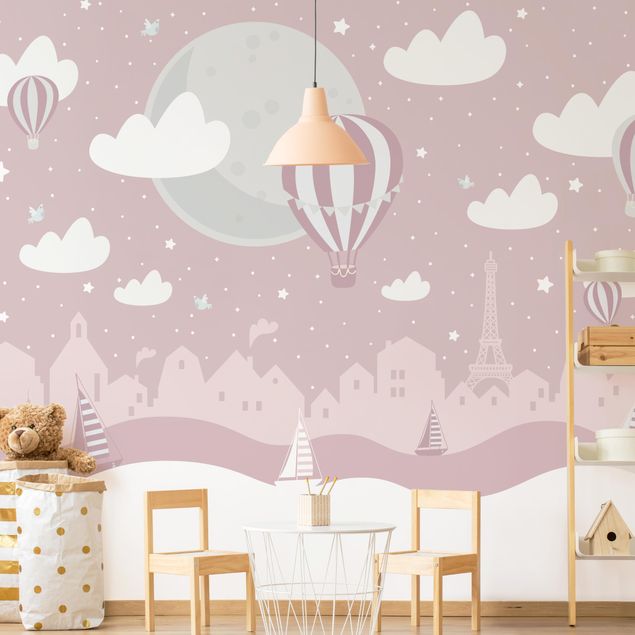 decoração quarto bebé Paris With Stars And Hot Air Balloon In Pink