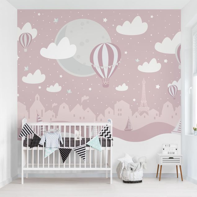 Papel de parede céu Paris With Stars And Hot Air Balloon In Pink