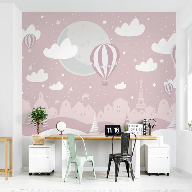 papel de parede para quarto de casal moderno Paris With Stars And Hot Air Balloon In Pink