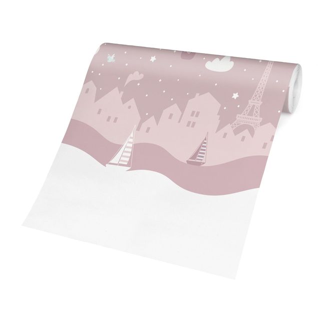 papel parede rosa Paris With Stars And Hot Air Balloon In Pink