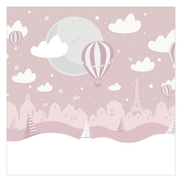 mural para parede Paris With Stars And Hot Air Balloon In Pink