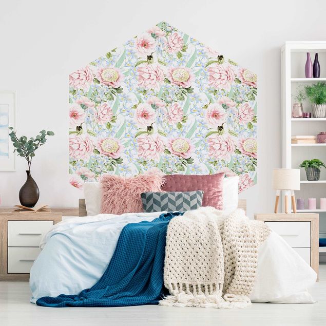 papel de parede para quarto de casal moderno Pastel Flowers Pink Blue