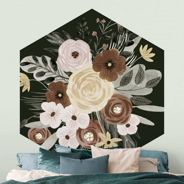 papel de parede moderno Pastel Bouquet Of Flowers On Green Backdrop I