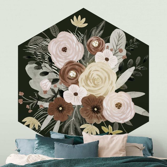 papel de parede para quarto de casal moderno Pastel Bouquet Of Flowers On Green Backdrop II