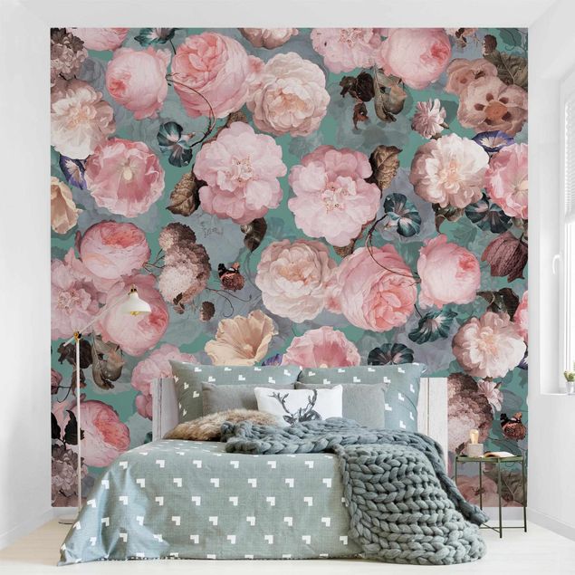 papel de paredes rosas Pastel Dream Of Roses On Blue