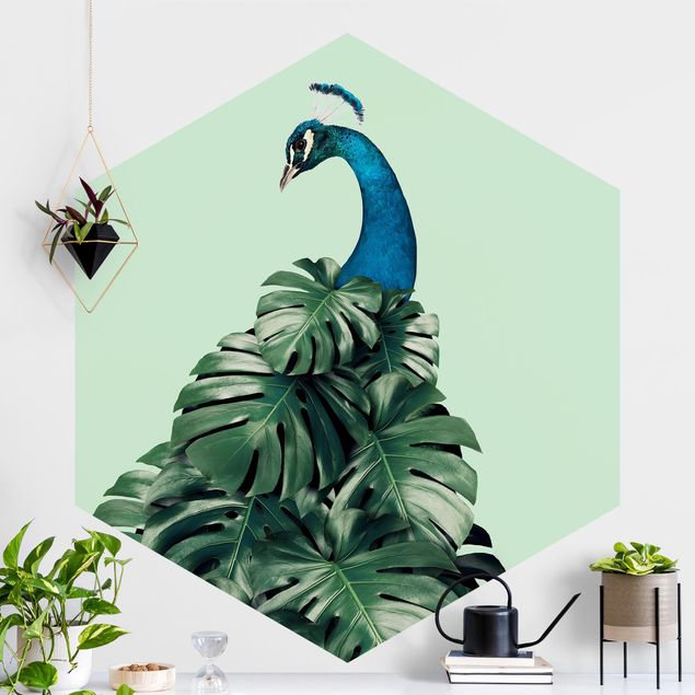 decoraçoes cozinha Peacock With Monstera Leaves
