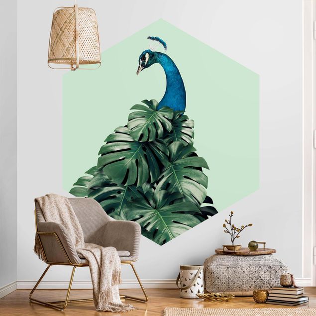 papel de parede moderno Peacock With Monstera Leaves
