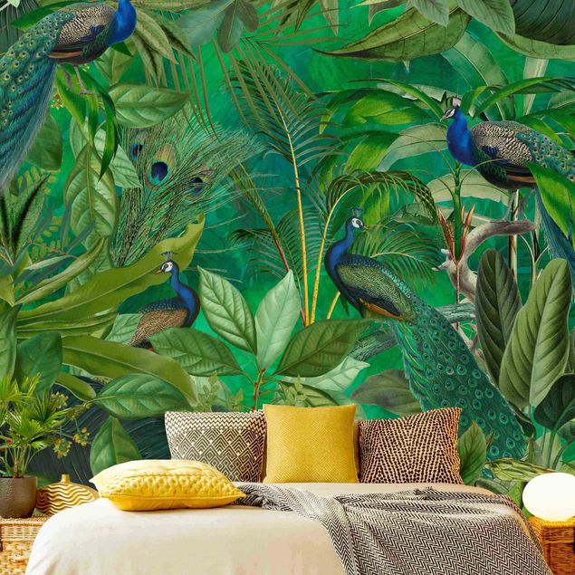 papel de parede moderno para sala Peacocks In The Jungle