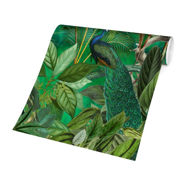papel parede de flor Peacocks In The Jungle
