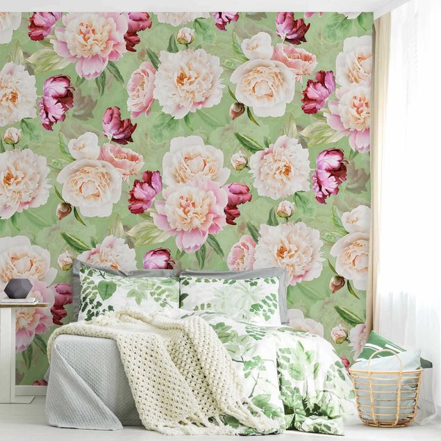papel parede rosas Peonies On Mint Green