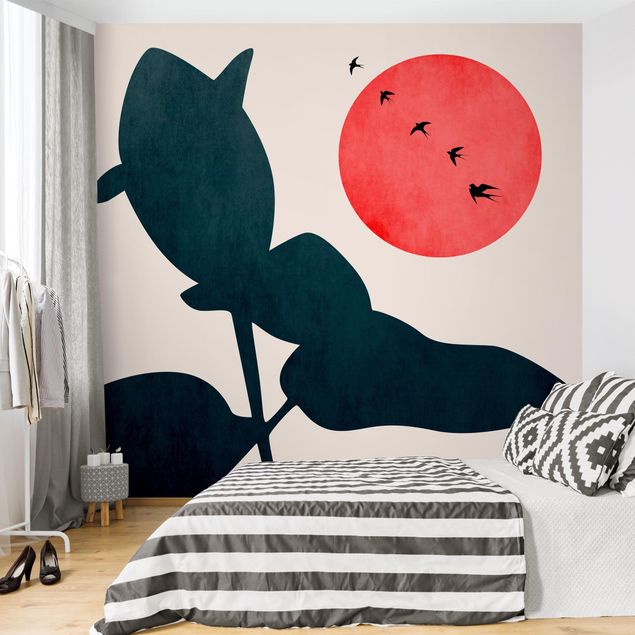 papel de parede moderno World Of Plants With Red Sun