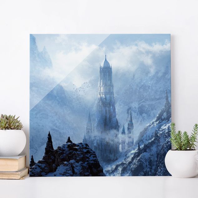 Quadros em vidro montanhas Fantasy Castle In Snowy Landscape