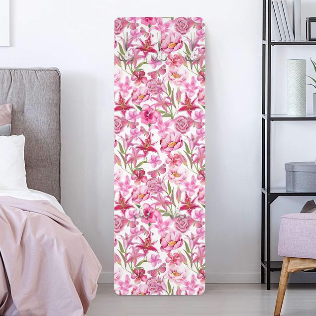 Cabides de parede estilo rústico Pink Flowers With Butterflies