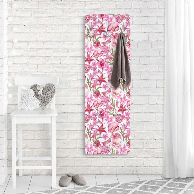 Cabides de parede padrões Pink Flowers With Butterflies