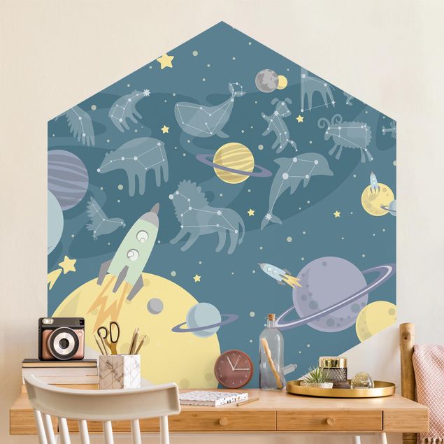 Papel de parede céu Planets With Zodiac And Rockets