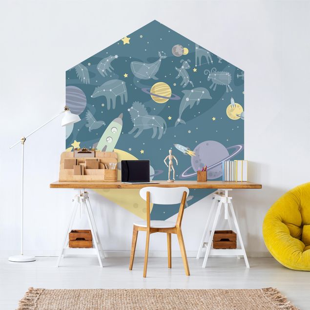 papel de parede moderno Planets With Zodiac And Rockets