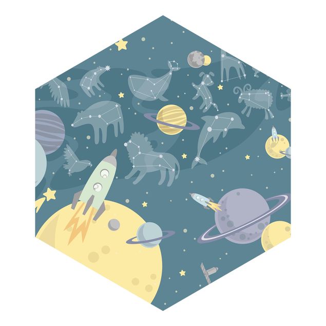 Papel de parede bege Planets With Zodiac And Rockets