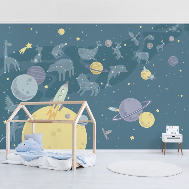 papel de parede moderno para sala Planets With Zodiac And Missiles
