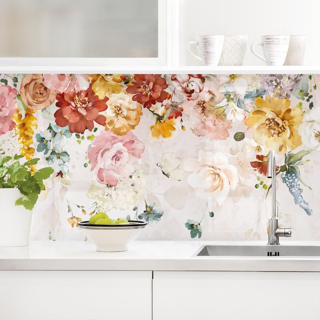 Backsplash de cozinha flores Trailing Flowers Watercolour Vintage