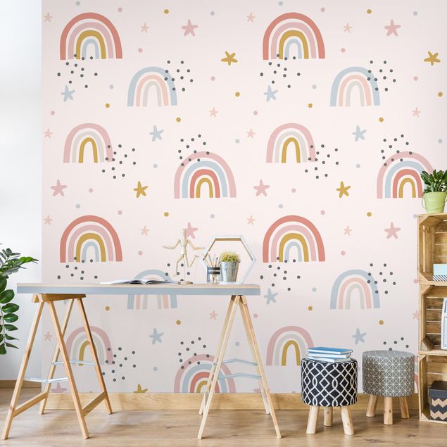 Papel de parede montanhas Rainbow World With Stars And Dots