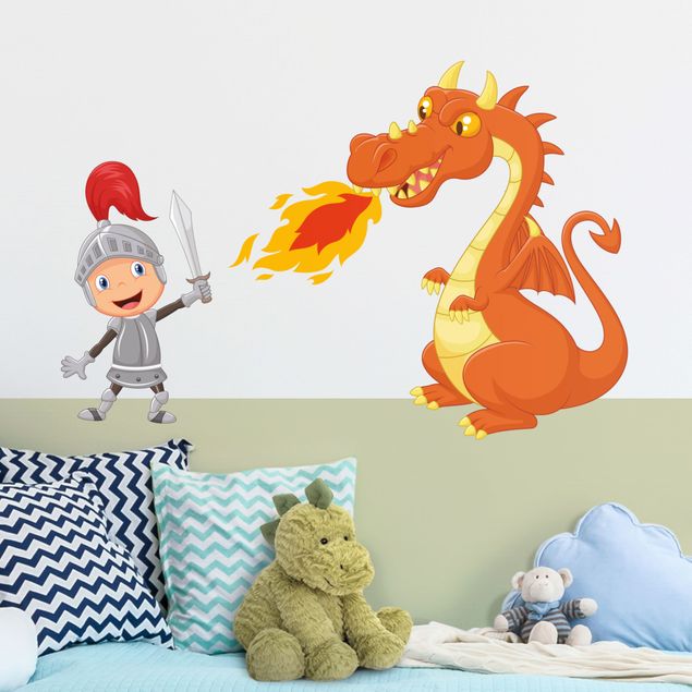 Autocolantes de parede dragões Knight with Fire Dragon