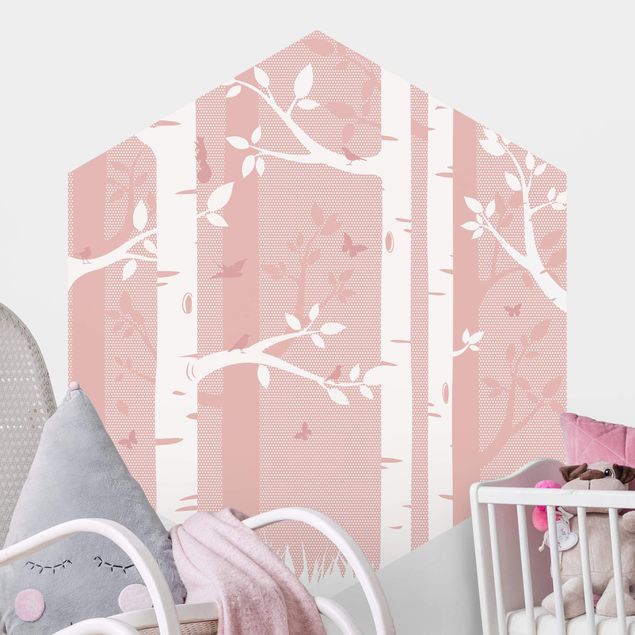 Decoração para quarto infantil Pink Birch Forest With Butterflies And Birds