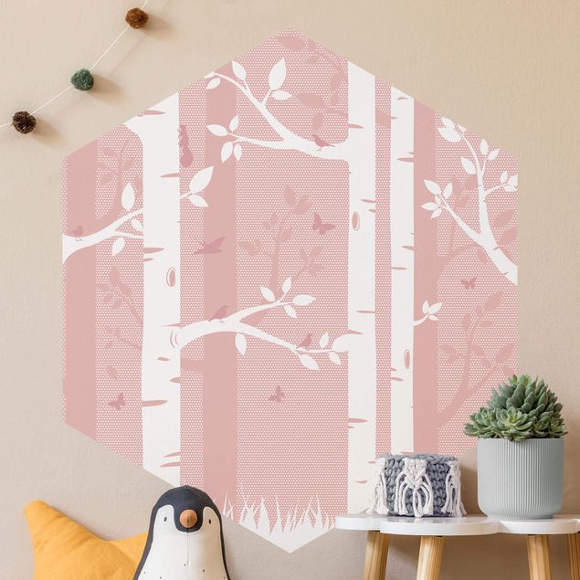 Papel de parede borboletas Pink Birch Forest With Butterflies And Birds