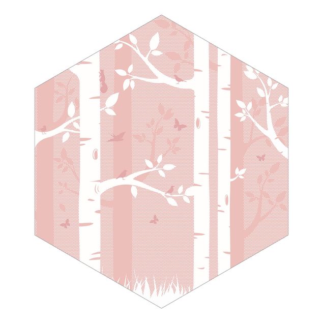 Papel de parede cinza Pink Birch Forest With Butterflies And Birds