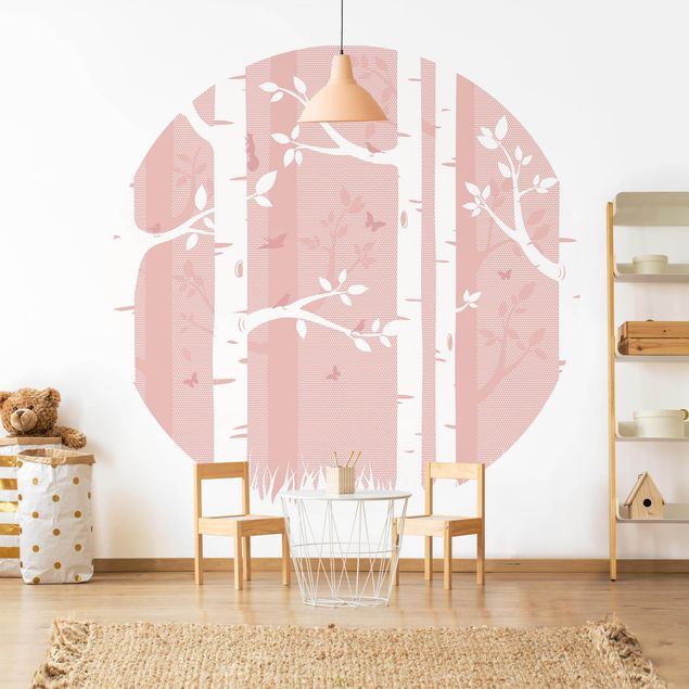 decoração quarto bebé Pink Birch Forest With Butterflies And Birds