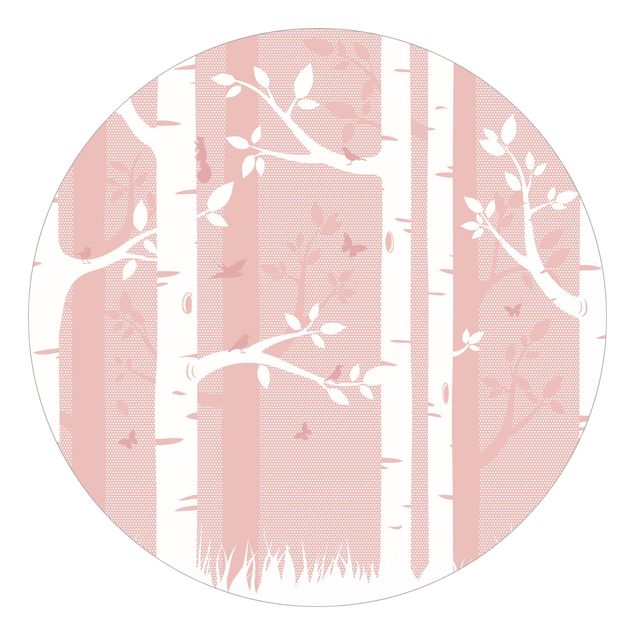 papel de parede para quarto de casal moderno Pink Birch Forest With Butterflies And Birds