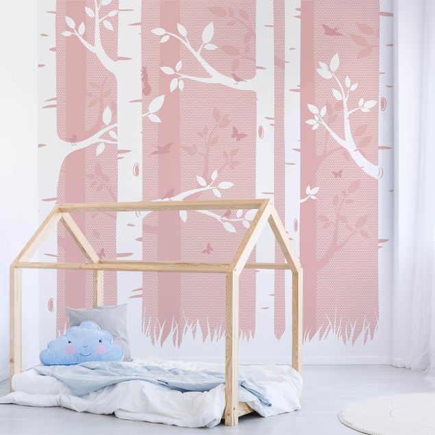 Decoração para quarto infantil Pink Birch Forest With Butterflies And Birds