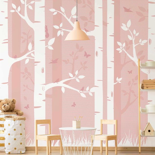 Papel de parede florestas Pink Birch Forest With Butterflies And Birds