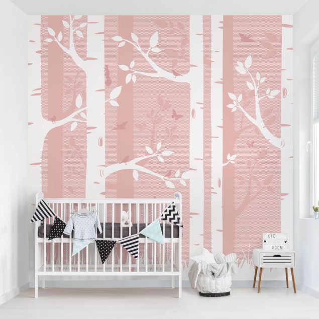 papel de parede moderno Pink Birch Forest With Butterflies And Birds