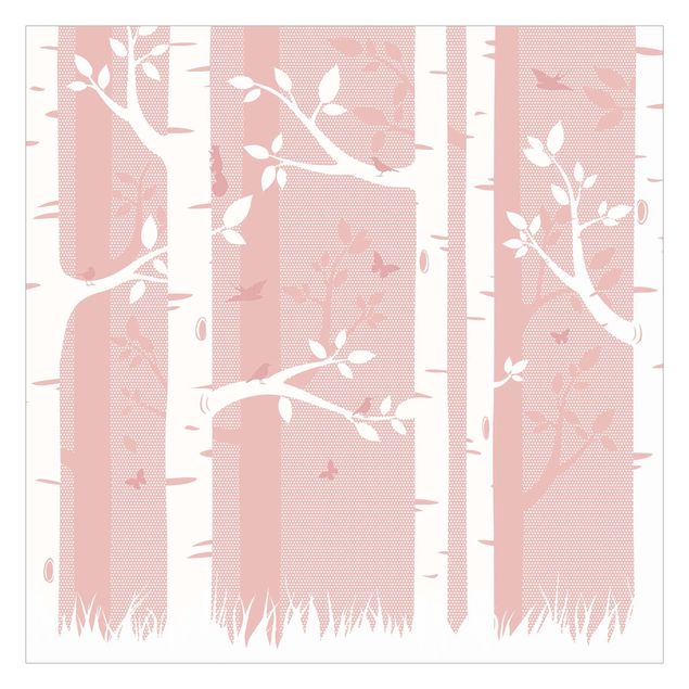 Papel de parede bege Pink Birch Forest With Butterflies And Birds