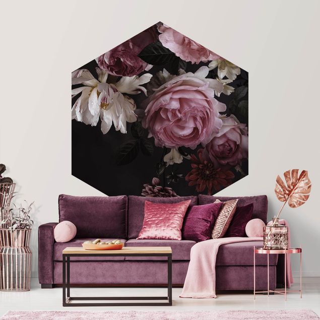 Papel de parede vintage Pink Flowers On Black Vintage