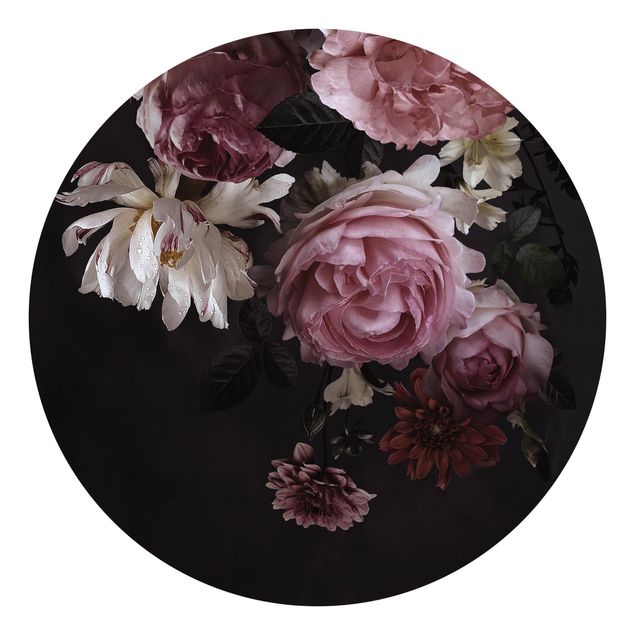 papel de parede moderno Pink Flowers On Black Vintage