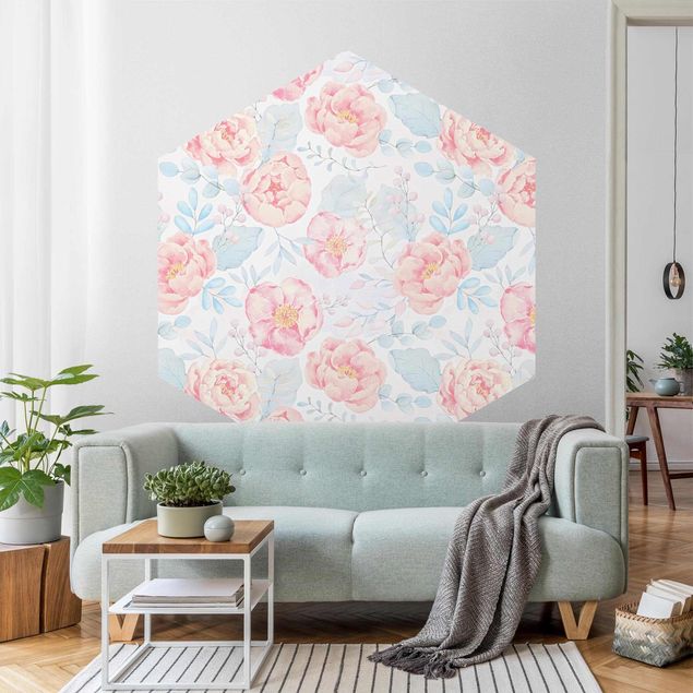 Papel de parede padrões Pink Flowers With Light Blue Leaves
