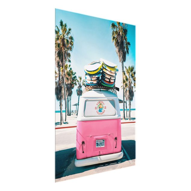 Quadros em vidro praia Pink VW Bus With Surfboards