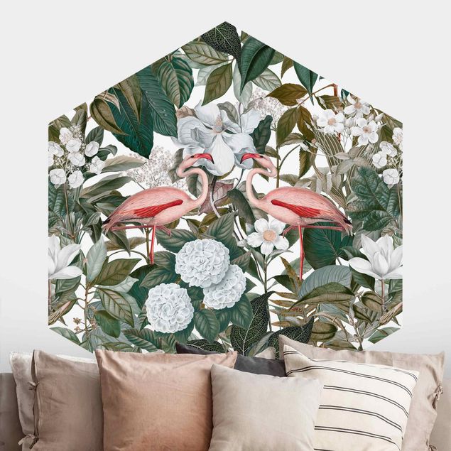 Papel de parede flamingo Pink Flamingos With Leaves And White Flowers