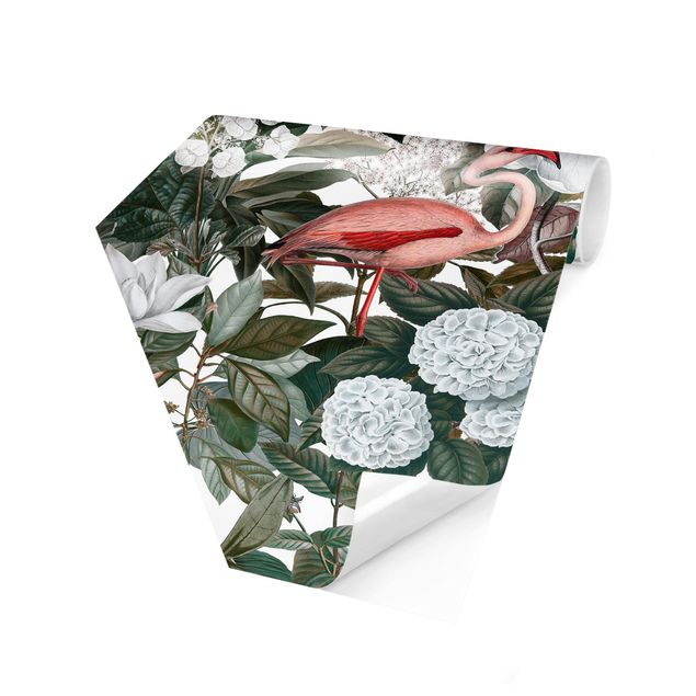 papel de parede floral vintage Pink Flamingos With Leaves And White Flowers